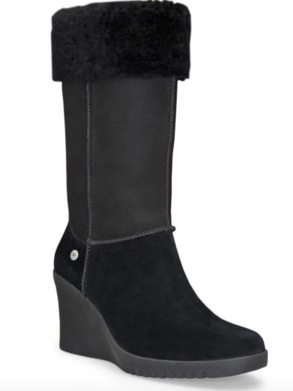UGG Australia Joslyn Black Suede Fur Cuff Wedge Boots Sz 9, Wear Up or Down Sz 9